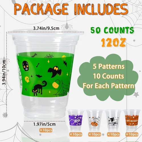 Vista 3 de GuassLee Paquete de 50 vasos desechables de Halloween – Juego de vasos de plástico desechables transparentes de 12 onzas con 5 estilos de patrones