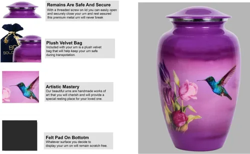 Vista 2 de BOLD & DIVINE Urna de cremación de colibrí morado para adultos para cenizas humanas, urna conmemorativa de aluminio, 200 pulgadas cúbicas