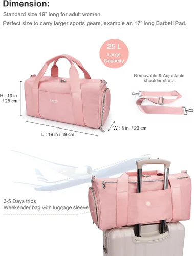 Vista 2 de Bolsa de gimnasio rosa para mujeres y niñas con compartimento para zapatos y bolsillo húmedo - Bolsa de lona para viajes, deportes, fitness
