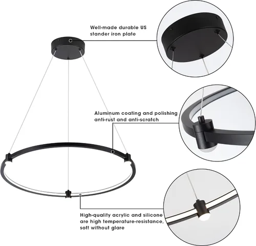 Vista 8 de Lámpara colgante LED moderna regulable de 23.6 pulgadas, color negro, 1 anillo circular, para sala de estar, comedor, cocina, oficina, vestíbulo