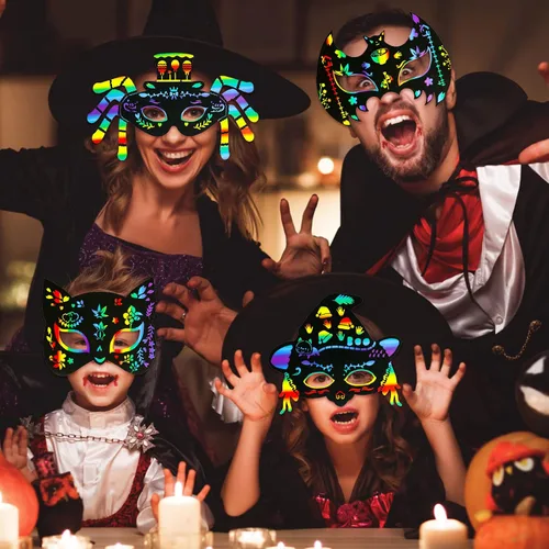 Vista 5 de MGparty Juego de 24 máscaras de rascar de Halloween para manualidades, arte de papel mágico para niños, actividades en el aula, recuerdos de fiesta