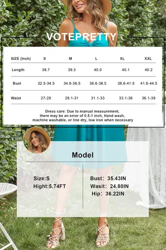 Vista 4 de VotePretty - Vestido de verano para mujer, cuello en V, con tirantes delgados, nudo al frente y con bolsillos, para la playa