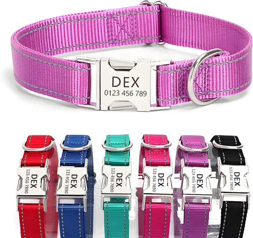 Vista 15 de Collar de perro de nailon reflectante personalizado con etiqueta de nombre Collares de perro con hebilla dorada grabados personalizados Collar