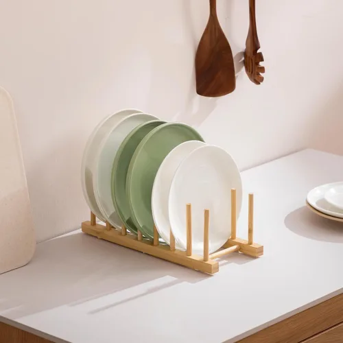 Vista 2 de HBlife Estante de platos de madera de bambú, organizador de cocina con 7 1 unidad