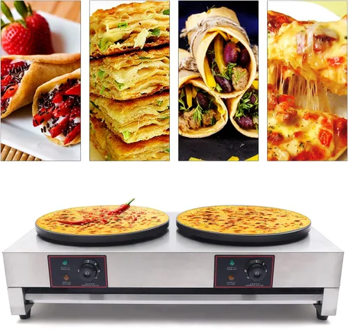 Vista 7 de Máquina de panqueques antiadherente comercial de 2 quemadores para hacer crepé, estufa de mesa 3.4KW, 110V sartén automática para panqueques