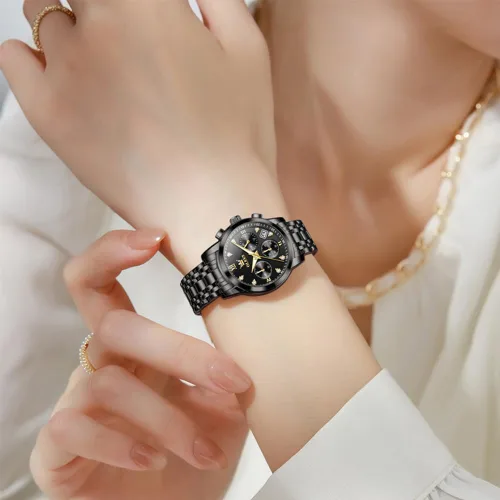 Vista 3 de OLEVS Reloj multifuncional de dos tonos para mujer, reloj analógico de cuarzo para mujer, de acero inoxidable, resistente al agua, con diamantes