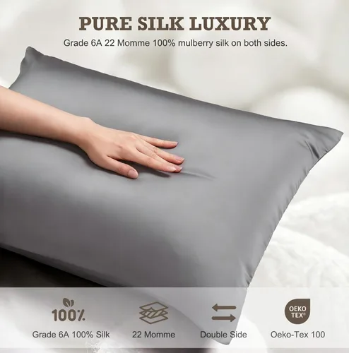 Vista 2 de BPC Paquete de 2 fundas de almohada 100% seda de morera, fundas de almohada de seda ClimaSilk™ de grado 6A, tamaño estándar, ambos lados, 600 hilos