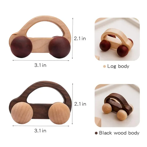 Vista 3 de Coche de empuje orgánico para bebés, juguetes de madera, 2 piezas, automóvil de madera y desarrollo de movimientos finos y juguetes Montessori