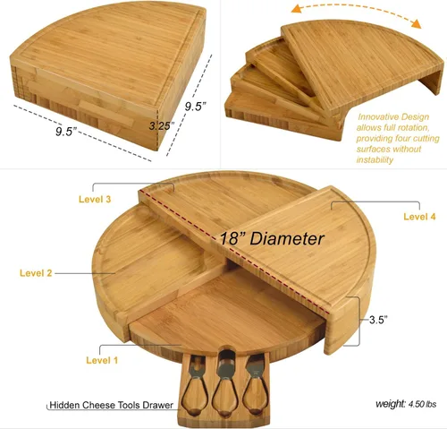 Vista 3 de Picnic at Ascot Juego de tablas patentadas de bambú para queso/charcutería con cuchillos de queso, se almacena como una cuña compacta, se abre a 18