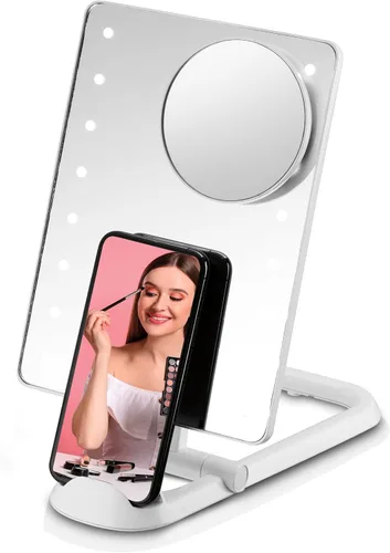 Vista 11 de Conair Espejo de maquillaje iluminado, espejo de maquillaje de viaje, base ajustable, funciona con pilas en azul marino