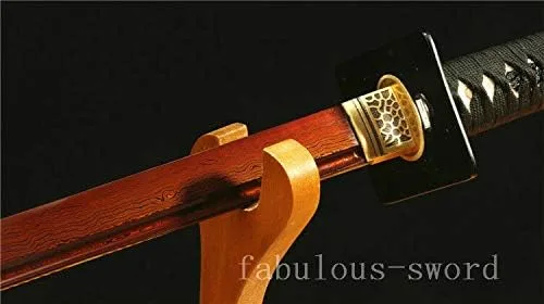 Vista 9 de Espada GLW de 41 pies de acero Damasco plegado rojo japonés Samurai recto Katana lista para la batalla