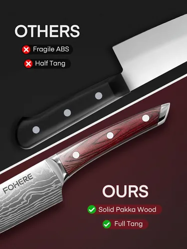 Vista 4 de FOHERE Juego de cuchillos de chef, 5 cuchillos de cocina ultra afilados con mango ergonómico de madera de Pakka roja, juego de cuchillos