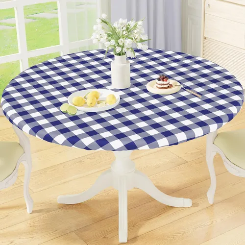 Vista 8 de misaya Mantel redondo ajustable con borde elástico, mantel de vinilo impermeable a cuadros de búfalo con parte trasera de franela para mesas