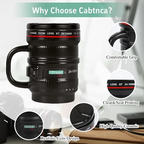Vista 5 de Cabtnca Taza de café con lente de cámara de 16 onzas, regalos de fotografía geniales para fotógrafos de Navidad, divertida taza de café de cerámica
