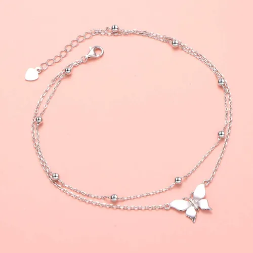 Vista 3 de FLYOW Tobillera para mujer de plata de ley S925 ajustable con cuentas de corazón con dije de corazón