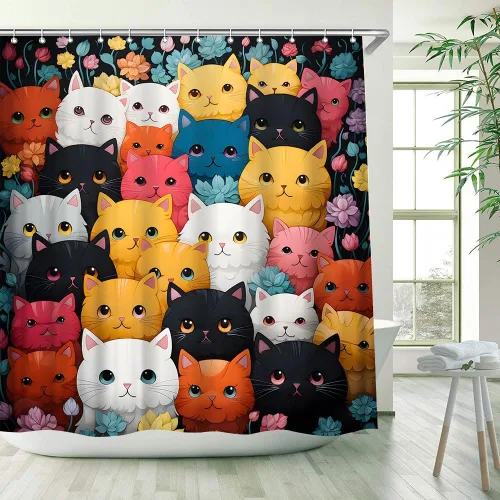Vista 3 de Divertida cortina de ducha con diseño de gato y dibujos animados, diseño floral, encantador, animal, amante de las mascotas, decoración de baño