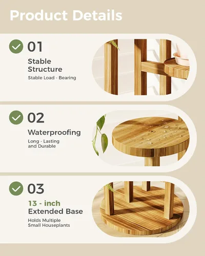 Vista 4 de Bamworld Soporte para plantas de 3 niveles para interiores, estante esquinero de madera para múltiples plantas, soporte redondo pequeño para flores