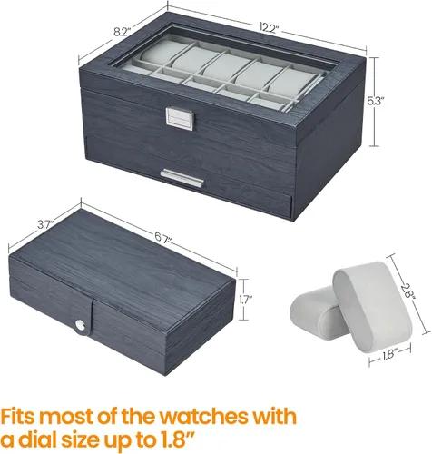 Vista 7 de Hzuaneri Caja de reloj, regalos de Navidad, caja de reloj de 12 ranuras con tapa de vidrio, caja de joyería extraíble, organizador de caja