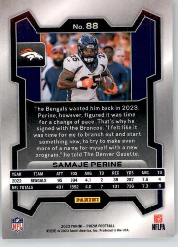 Vista 2 de TARJETA OFICIAL DE FÚTBOL 2023 PANINI PRIZM #88 SAMAJE PERINE DENVER BRONCOS DE LA NFL