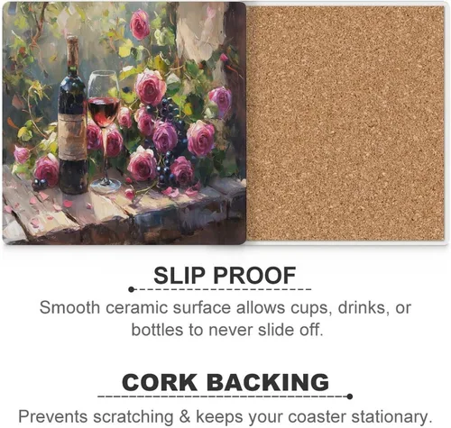 Vista 6 de 4 posavasos de vino tinto, cuadrados y modernos posavasos absorbentes de cerámica, estilo de pintura al óleo, vintage, vino tinto, uvas, rosa
