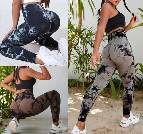 Vista 3 de OVESPORT Paquete de 3 leggings de entrenamiento de cintura alta sin costuras con teñido anudado para mujer, pantalones deportivos para yoga
