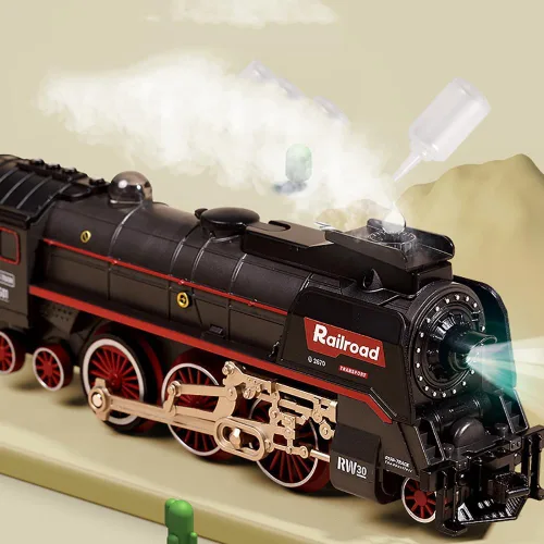 Vista 3 de Juguete de tren eléctrico con humo, luces y sonido, juego de tren para debajo del árbol de Navidad, modelo de tren de locomotora con pista, regalos