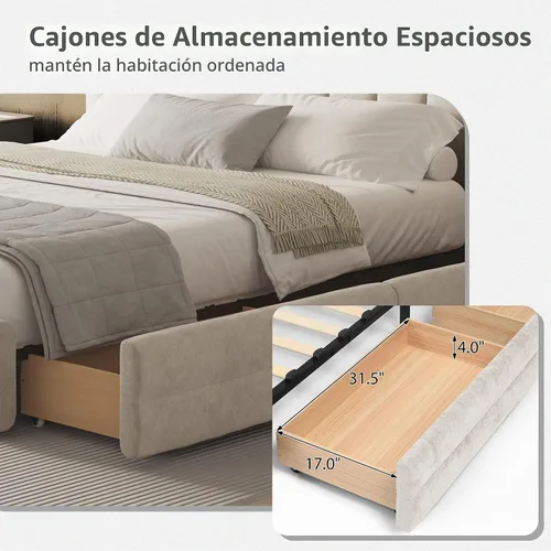 Vista 4 de DEINPPA Bastidor de cama tamaño Queen con 4 cajones de almacenamiento y cabecera suave tipo nube, base de madera con tapizado de chenilla, no Beige