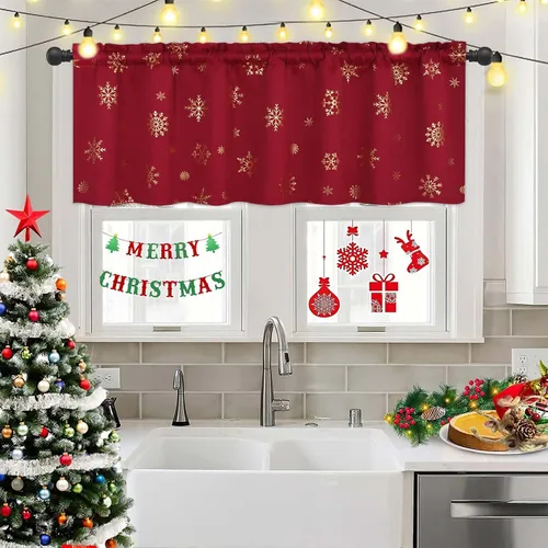 Vista 8 de Cortinas de Navidad de Nivel con Estampado de Copos de Nieve Dorados en Papel Aluminio - 36 Pulgadas de Largo, Cortinas Verdes con Bolsillo