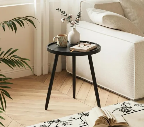 Vista 2 de Mesa auxiliar redonda negra, mesa decorativa con patas de metal con bandeja de madera, mesa auxiliar redonda pequeña para sala de estar, dormitorio