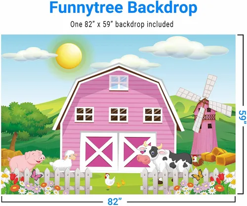 Vista 3 de Funnytree Fondo de fiesta de animales de granja de dibujos animados de 7 x 5 pies, color rosa, granero, niña, baby shower, cumpleaños, fotografía