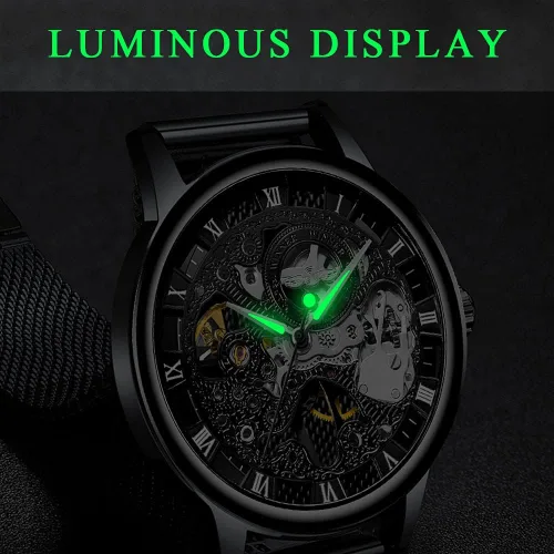 Vista 4 de Reloj de hombre con correa de acero inoxidablecorrea de malla reloj mecánico de esqueleto para hombre