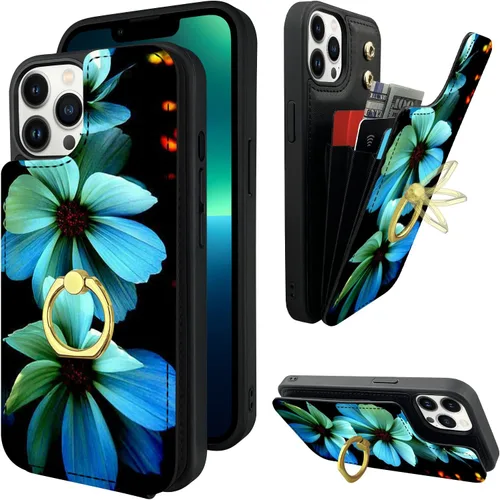 Vista 10 de Funda tipo cartera compatible con iPhone 13 Pro con soporte para tarjetas, rotación de 360°, soporte de anillo de dedo con función atril, bloqueo