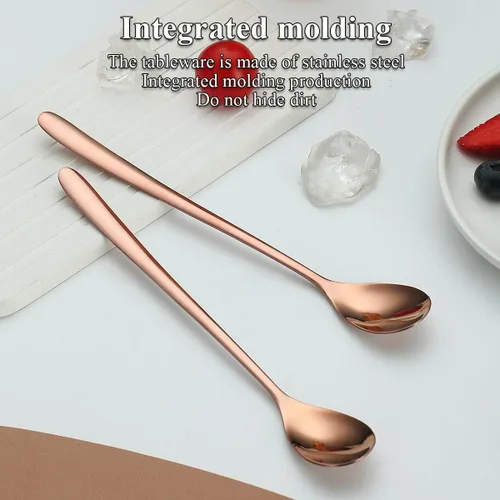 Vista 4 de Evanda Juego de 12 cucharas de té helado de mango largo de oro rosa, cucharaditas de acero inoxidable chapadas en titanio, cucharas para remover