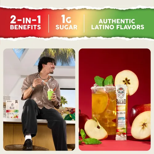 Vista 2 de Salud - Paquetes de hidratación 2 en 1 + electrolitos inmunes en polvo, manzana, mezcla de bebida Manzana Agua Fresca, saúco, sin lácteos y soja