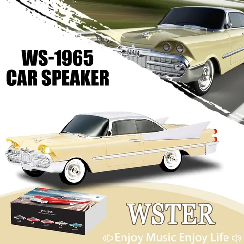 Vista 2 de WSTER WS-1965 Replica altavoz Bluetooth – Diseño retro de cohete coche, sonido HD, TWS, luces LED de fiesta, radio FM, reproducción USB/TF, Beige