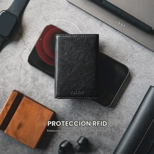 Vista 6 de VULKIT Cartera con tarjetero para hombre, con cierre magnético, bloqueo RFID, billetera de cuero triple Negro