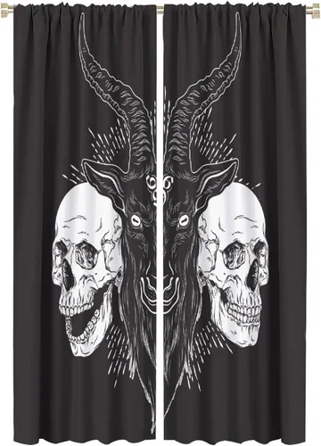 Vista 27 de BAEKJIN Cortinas de cabeza de cabra, diseño de calavera malvada, bruja, símbolo misterioso, bolsillo para barra, cortinas opacas para ventana, juego