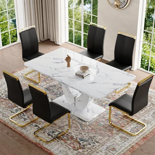 Vista 28 de Moderno juego de mesa de comedor de mármol sintético para 4, mesa de cocina rectangular blanca de 63 pulgadas con elegante base de pedestal