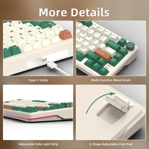 Vista 5 de 75% Teclado mecánico retro verde con cable intercambiable en caliente con perilla de metal Junta de montaje RGB retroiluminado programable y luz