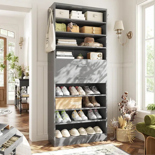 Vista 15 de Aheaplus Armario alto para zapatos, zapatero estrecho de madera de 10 niveles, organizador de almacenamiento de zapatos con almacenamiento abierto