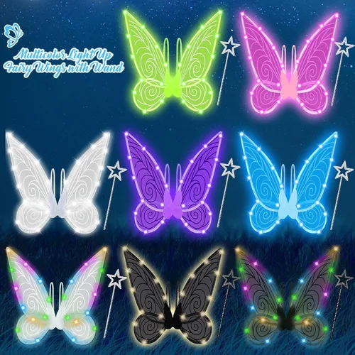 Vista 7 de U-Goforst Alas de disfraz de hadas iluminadas para mujeres y niñas adultas, alas de mariposa LED, varita para Halloween, cosplay