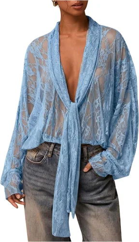 Vista 12 de SOLY HUX Blusa de encaje para mujer, manga larga, malla transparente con lazo frontal Marrón (pure brown)