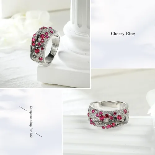 Vista 4 de RANDES Anillo de plata de ley 925 para mujer, diseño de ramas de cerezo, creado en laboratorio, rubí y esmeralda