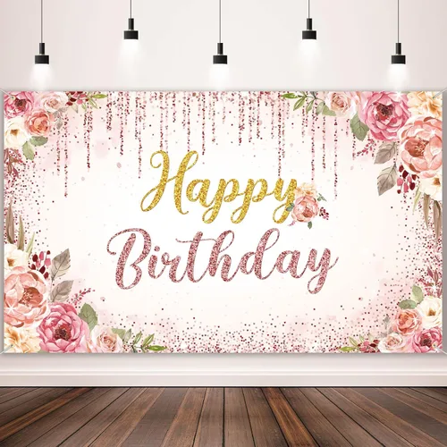 Vista 9 de Decoraciones de fondo de feliz cumpleaños para mujeres, suministros de fiesta, telón de fondo de rosa, fotografía para niñas y niños, pancarta