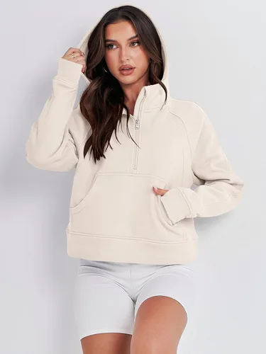 Vista 9 de ANRABESS Sudaderas con capucha corta con media cremallera para mujer, sudadera de forro polar con cremallera de un cuarto, ropa de invierno 2023