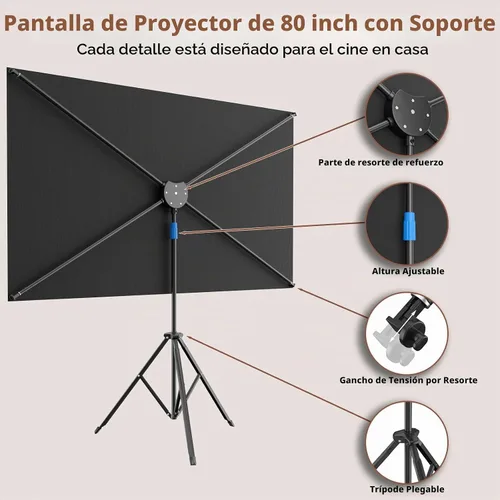 Vista 6 de Pantalla de proyector con soporte, pantalla de proyector portátil de 80 pulgadas para exteriores e interiores, pantalla de proyección ALR de 1.5