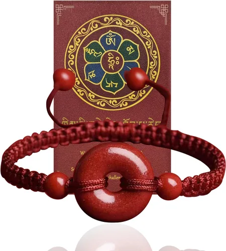 Vista 7 de Pulsera de cuerda roja con hebilla pacífica de cinabrio para protección, pulsera de Feng Shui, pulsera china ajustable para oración, cuerda de yoga
