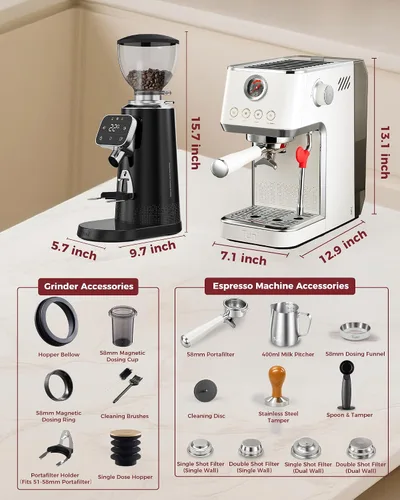 Vista 2 de Tuni E2 Gen3 Espresso Machine with G3 64mm Flat Burr Coffee Grinder, Black