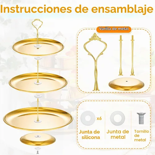 Vista 6 de Yaomiao Juego de 2 bandejas doradas de 3 niveles para servir con base de acero inoxidable para cupcakes, soporte para mesa de postre, juego