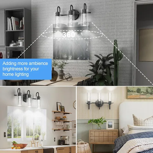 Vista 4 de Aipsun Lámparas de baño, luces negras de tocador con cristal de burbujas, 3 luces LED modernas, accesorios de iluminación de pared de baño sobre